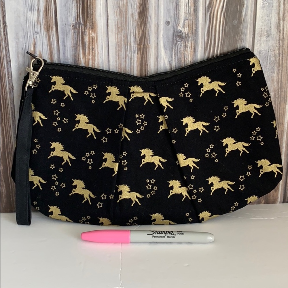 Metallic Gold Unicorn Pleated Wristlet Pouch